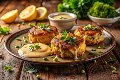 Delicious Crab Cakes with Creamy Mustard Sauce and Fresh Parsley - Gourmet Seafood Dish