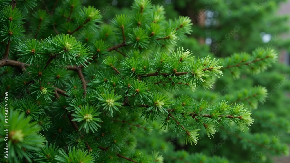 Photorealistic close-up of evergreen branches with vibrant green needles, soft natural light, simple and natural composition Photorealistic close-up of evergreen branches with vibrant green needles, soft natural light, simple and natural composition