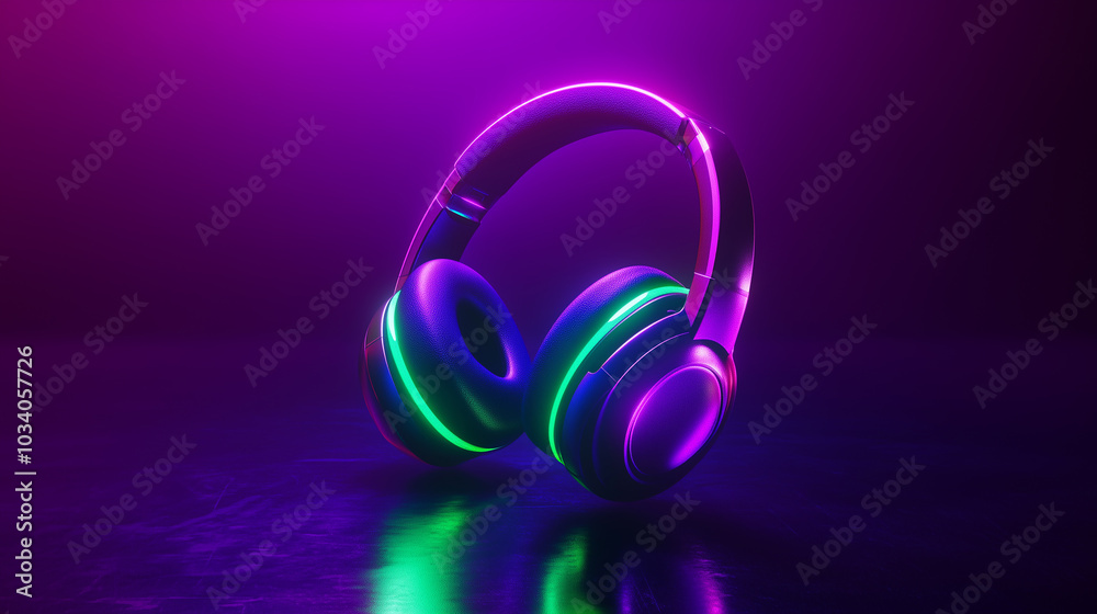 Neon headphones floating in a dark room, glowing with bright green and purple neon lights, creating a futuristic and stylish atmosphere for music lovers. Neon headphones floating in a dark room, glowing with bright green and purple neon lights, creating a futuristic and stylish atmosphere for music lovers.