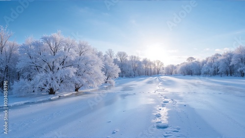 Photorealistic frosty landscape with snow-covered trees, frozen ground in morning sunlight, clear blue sky, tranquil atmosphere