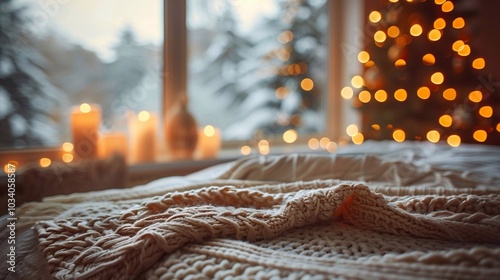 Cozy modern spring interior of a bright studio living room with  sofa and with Decorated Christmas in chalet with Christmas tree light