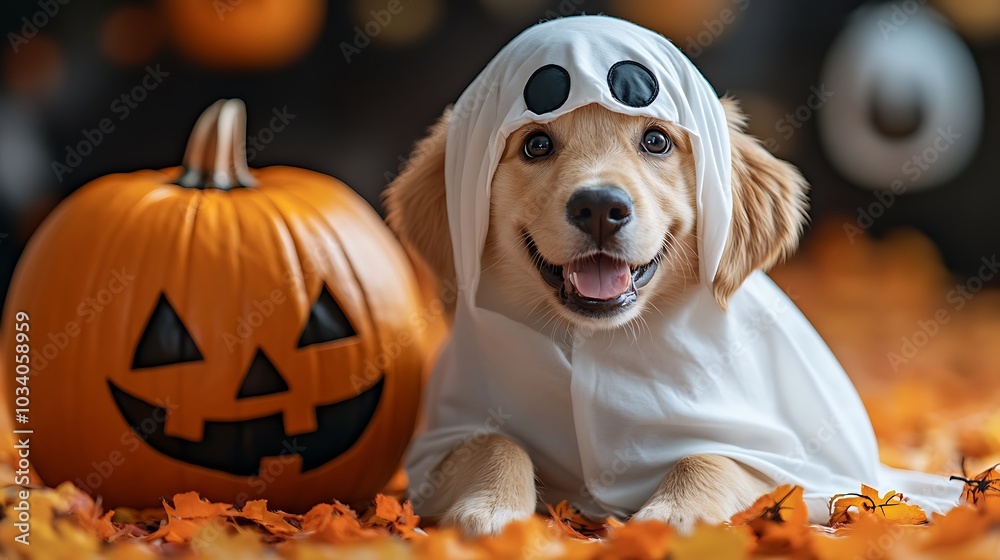A cute dog on a ghost Halloween cosplay