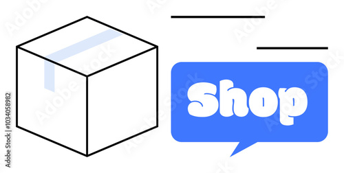 Simple design showing a cardboard box and a blue bubble with word Shop. Ideal for online shopping, e-commerce, delivery services, logistics, and retail business promotions. Created in flat art style