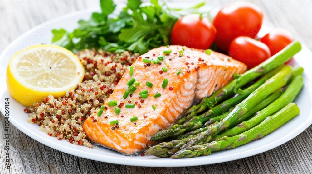 Grilled salmon with asparagus, tomatoes, quinoa, lemon, and parsley on a white plate Grilled salmon with asparagus, tomatoes, quinoa, lemon, and parsley on a white plate