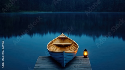 Serene wooden boat on a dock by a calm lake at twilight with a lantern illuminating. photo