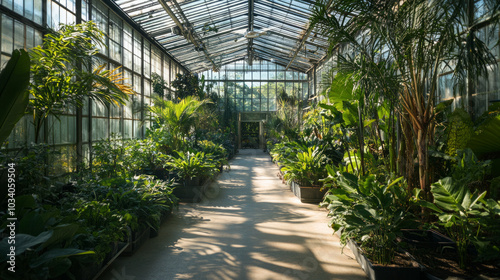 A spacious greenhouse filled with lush greenery and vibrant plants, showcasing natural light and tranquility in a serene environment