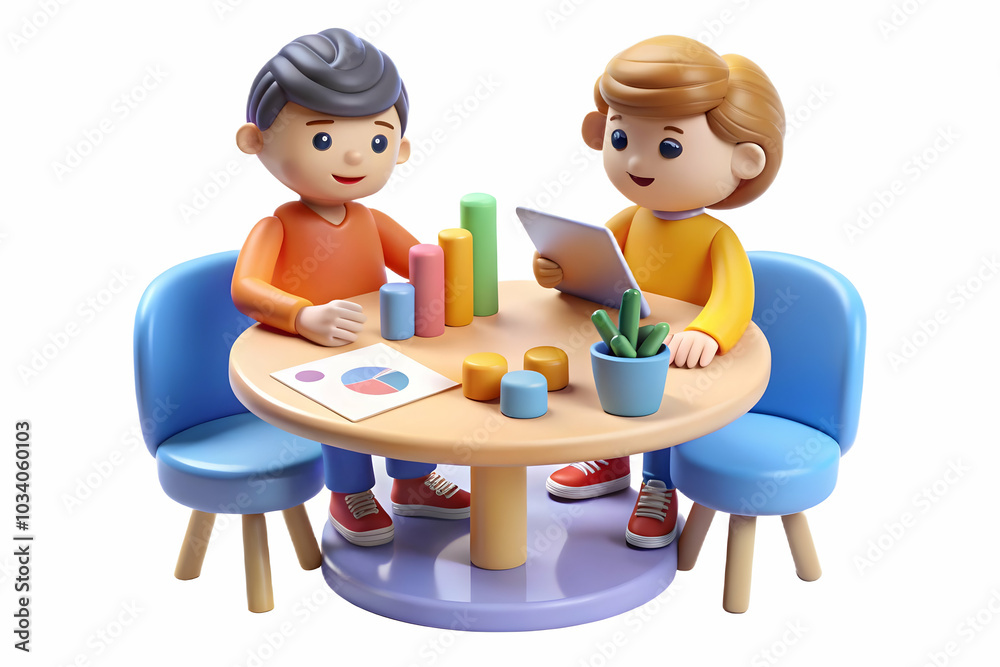 Kids Brainstorming Creativity: Two Children Collaborate at a Colorful Table with Markers and Charts in a Soft Abstract Background, Emphasizing Teamwork and Imagination - Stock Photo Concept Kids Brainstorming Creativity: Two Children Collaborate at a Colorful Table with Markers and Charts in a Soft Abstract Background, Emphasizing Teamwork and Imagination - Stock Photo Concept