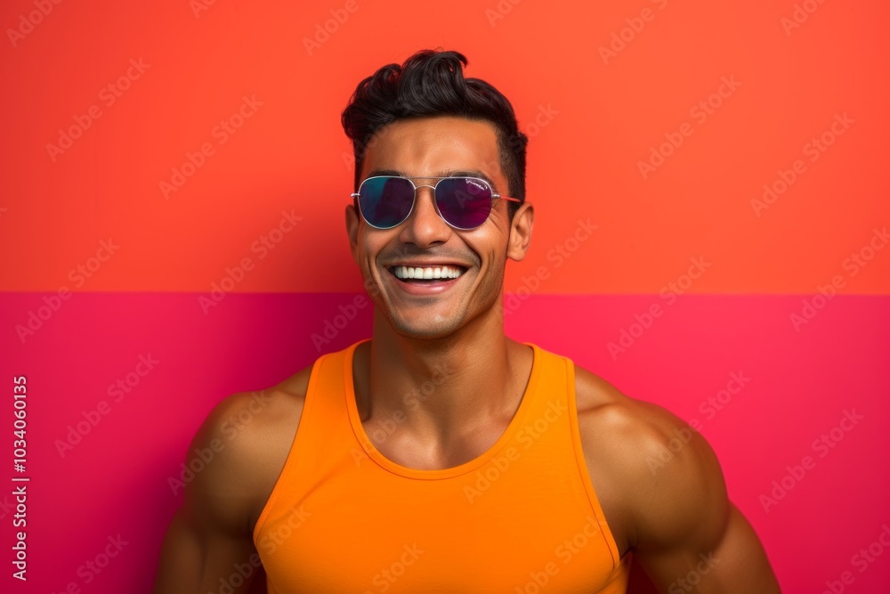 Portrait of a jovial indian man in his 20s wearing a trendy sunglasses over vibrant yoga studio background Portrait of a jovial indian man in his 20s wearing a trendy sunglasses over vibrant yoga studio background