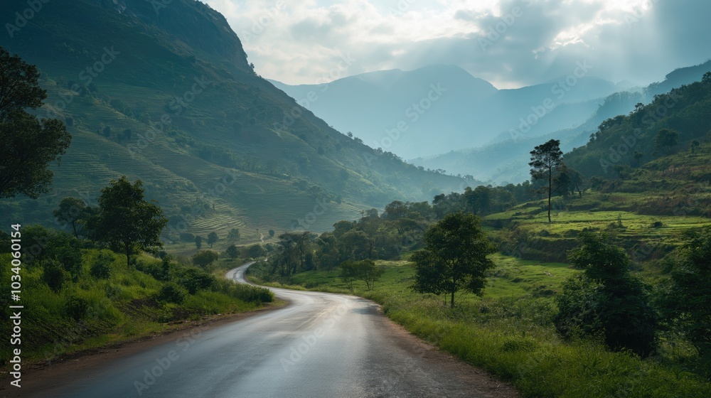 Scenic mountain landscape with serene roadway at dawn for travel design Scenic mountain landscape with serene roadway at dawn for travel design
