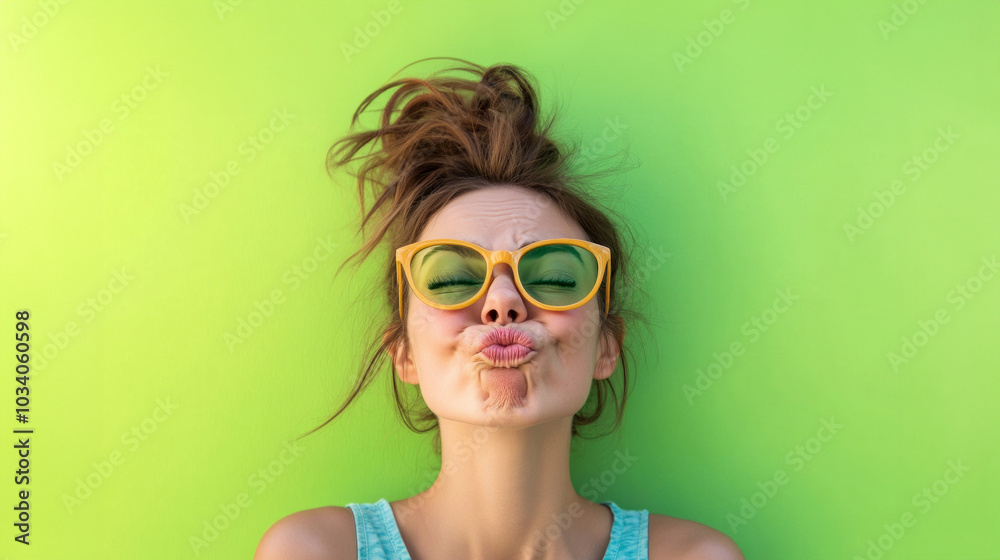 A woman makes a funny face with bright green background in a playful moment on a sunny day A woman makes a funny face with bright green background in a playful moment on a sunny day