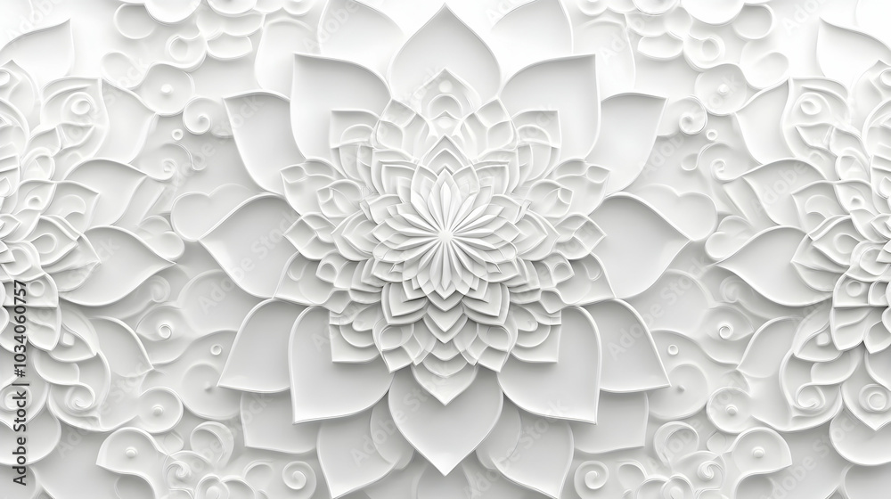 3D White Mindfulness Mandala Tiles as Seamless Pattern - Meditation Symbolism for Janeiro Branco - Isolated Icon on White Background with Rotating Camera