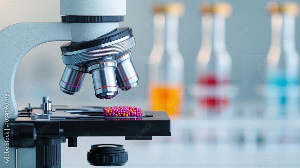 A microscope focuses on a sample slide, with colorful test tubes in the background, representing laboratory research and scientific exploration. A microscope focuses on a sample slide, with colorful test tubes in the background, representing laboratory research and scientific exploration.