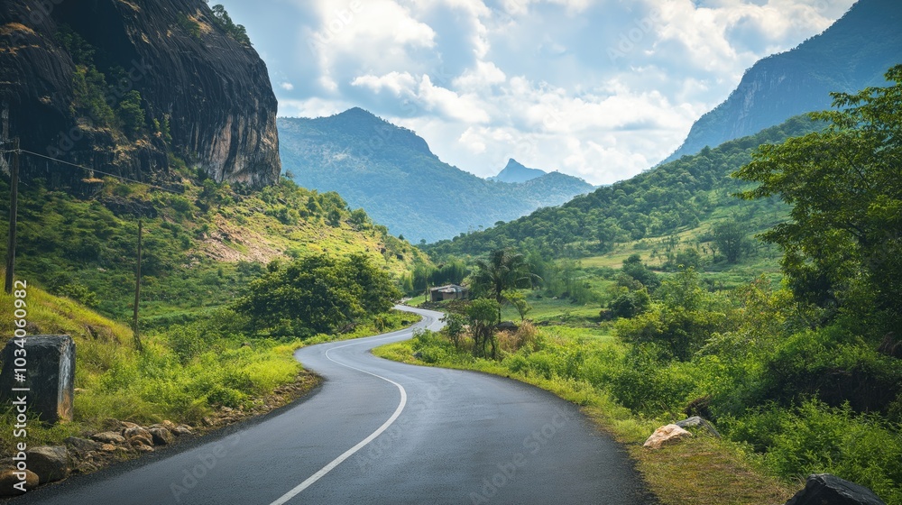 Scenic mountain road in lush valley under blue sky Scenic mountain road in lush valley under blue sky