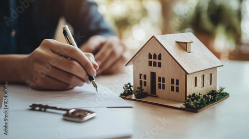 person signs a real estate contract with a miniature house and keys on the table, symbolizing property purchase, home ownership, or real estate investment. photo