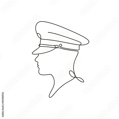A man's head with a hat on. The hat is black and has a white stripe. The man's head is drawn in a line