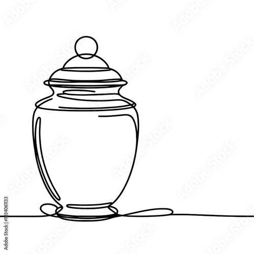 A black and white drawing of a vase with a lid on top. The vase is sitting on a table