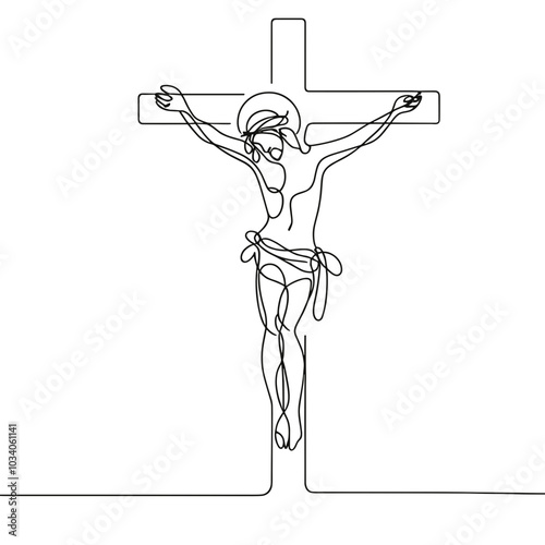 A man is crucified in a cross. The image is in black and white. The man is depicted as a symbol of sacrifice and redemption