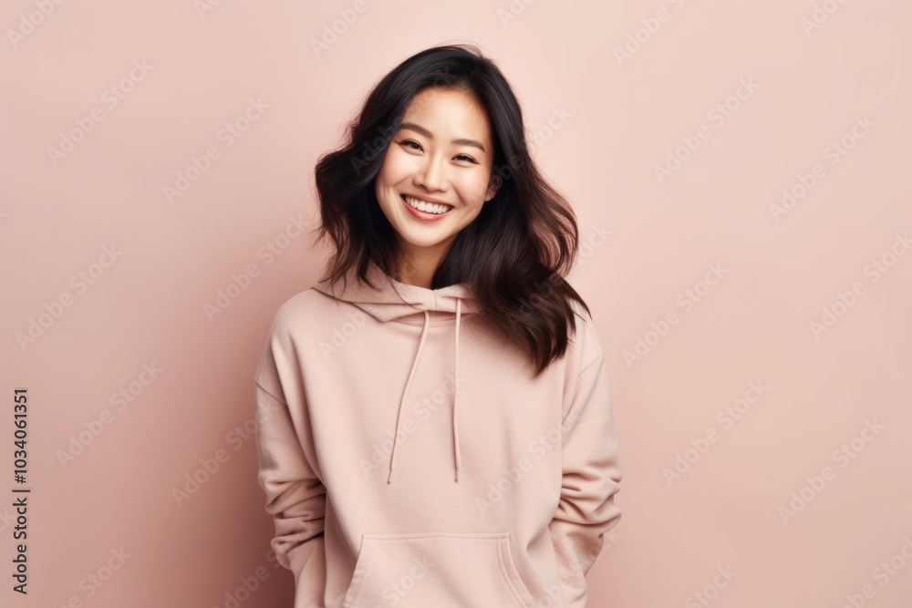 Portrait of a glad asian woman in her 30s dressed in a comfy fleece pullover on pastel or soft colors background Portrait of a glad asian woman in her 30s dressed in a comfy fleece pullover on pastel or soft colors background