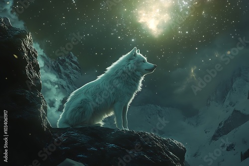 A majestic white wolf gazes at a starry sky, embodying nature's beauty and mystery. photo