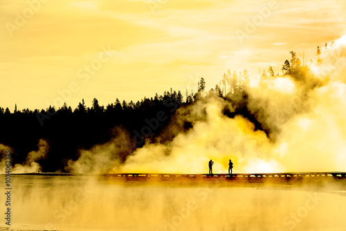 Silhouette of People Photographing Steam Geysers Steam