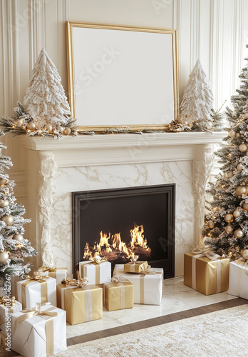 Framed canvas mockup in Christmas interior with Christmas tree photo