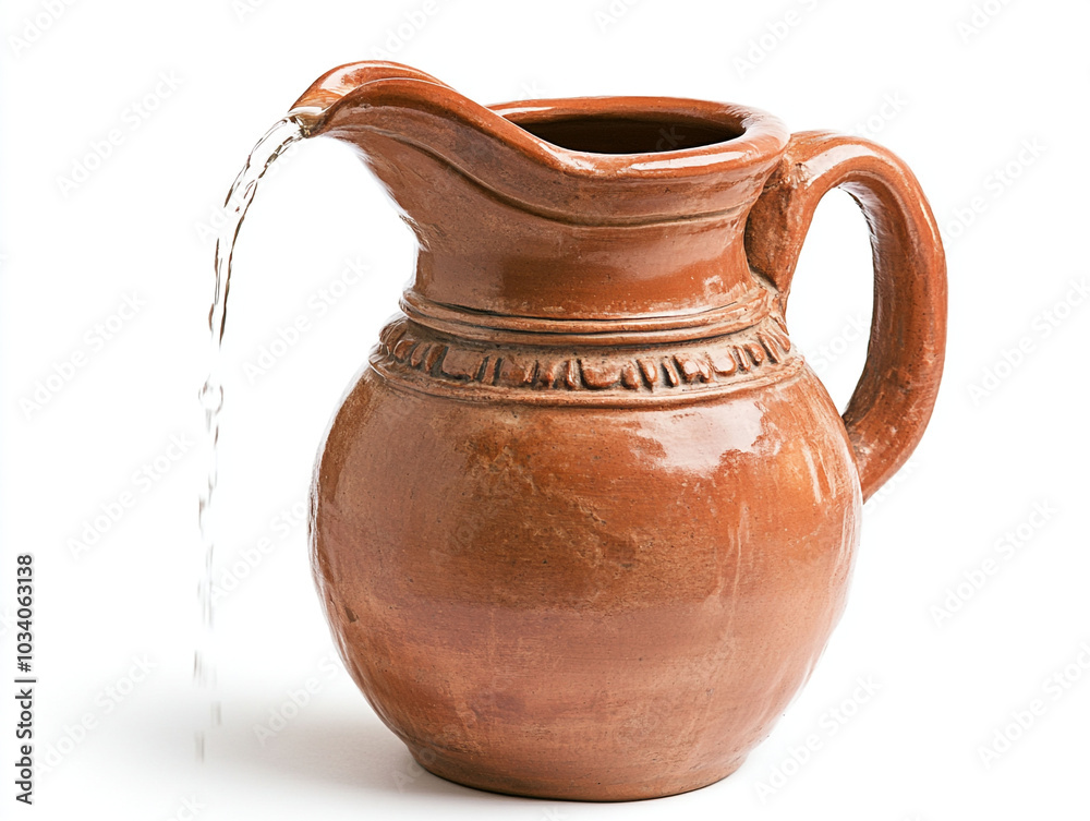 Water pouring out of clay jug isolated on white background Water pouring out of clay jug isolated on white background