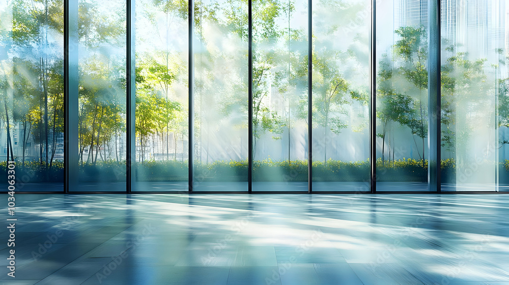 A serene interior space with large glass windows showcasing lush greenery outside. A serene interior space with large glass windows showcasing lush greenery outside.