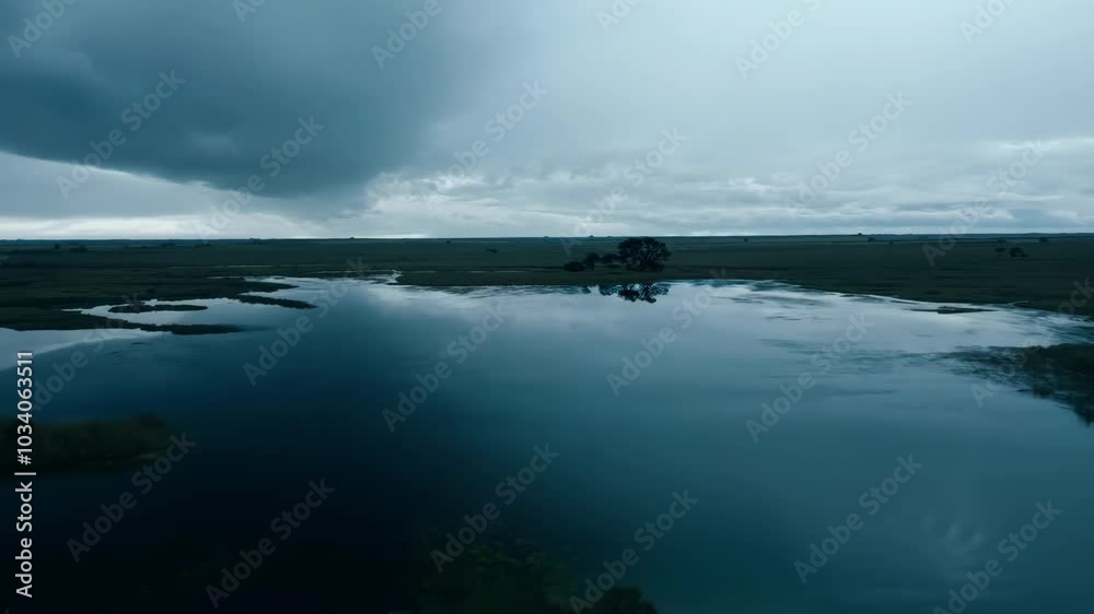 Moody Lake Reflection: Cinematic Drone Shot of Calm Water and Gloomy Clouds over Serene Landscape Moody Lake Reflection: Cinematic Drone Shot of Calm Water and Gloomy Clouds over Serene Landscape