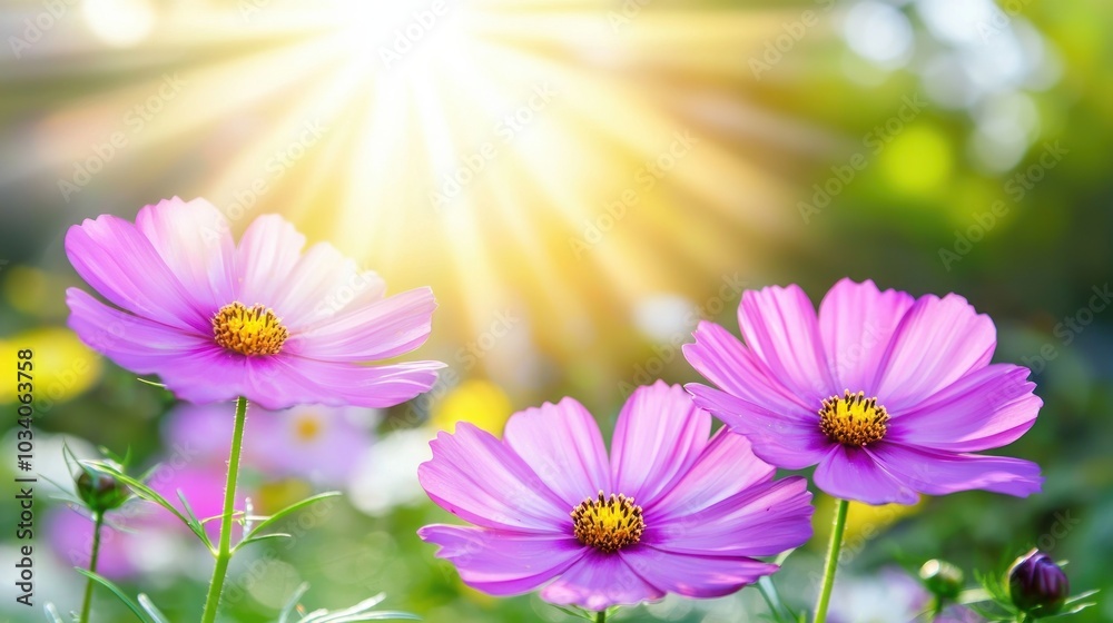 Vibrant cosmos flowers bathed in sunlight a serene moment in nature's beauty captured Vibrant cosmos flowers bathed in sunlight a serene moment in nature's beauty captured