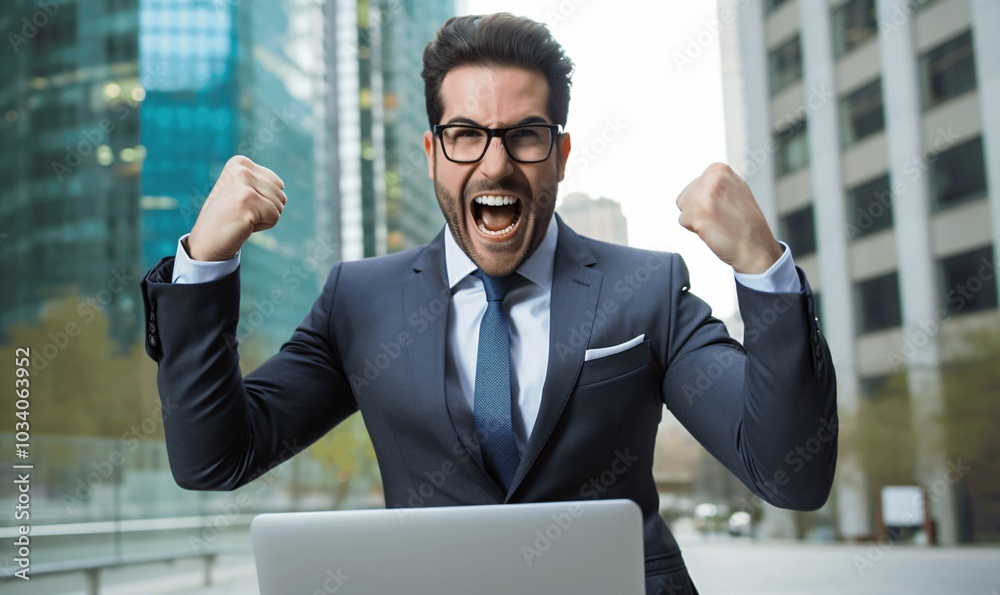 Excited Businessman Celebrating Success in Cityscape Excited Businessman Celebrating Success in Cityscape