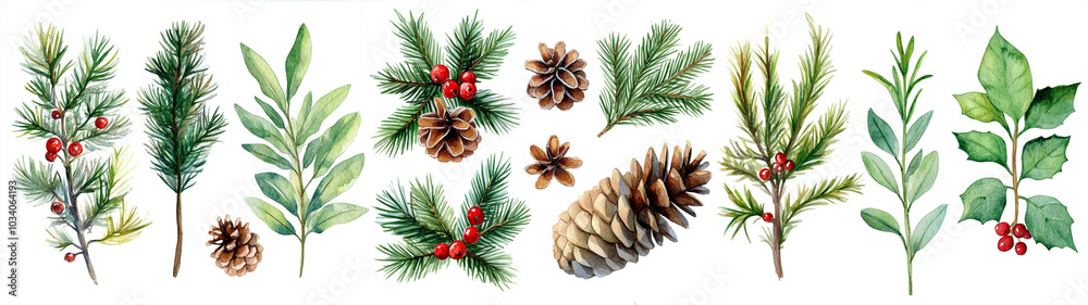 Border with New Year plants, branches, cones. Christmas seamless pattern.