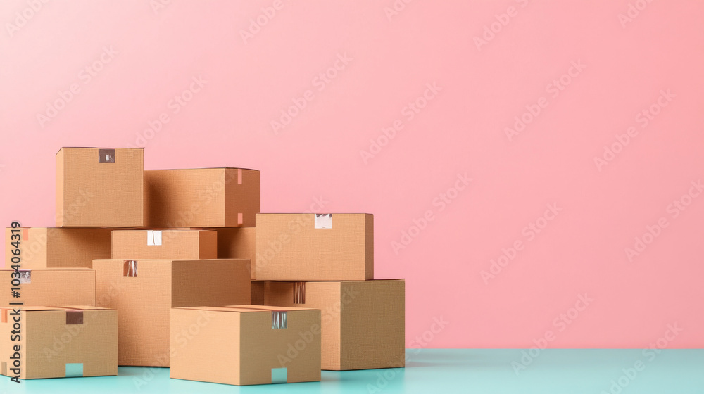 Stack of cardboard boxes against pastel color background, concept of shipping Stack of cardboard boxes against pastel color background, concept of shipping
