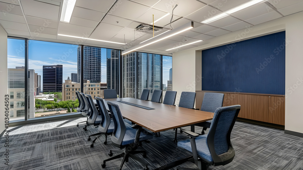 Modern conference room with a large table and panoramic city views. Modern conference room with a large table and panoramic city views.