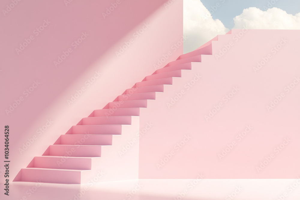 Obraz premium Pink staircase leading to heaven against pastel background, modern abstract concept