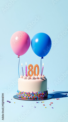 Birthday cake with candles for 80 years, balloons in background