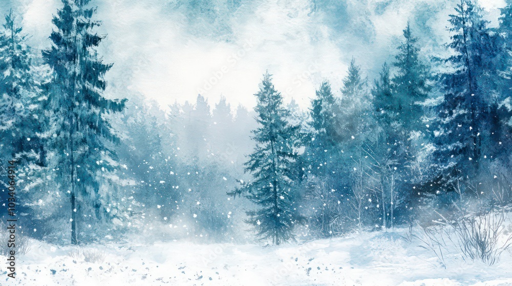 A snowy winter forest with tall pine trees and falling snow. A snowy winter forest with tall pine trees and falling snow.