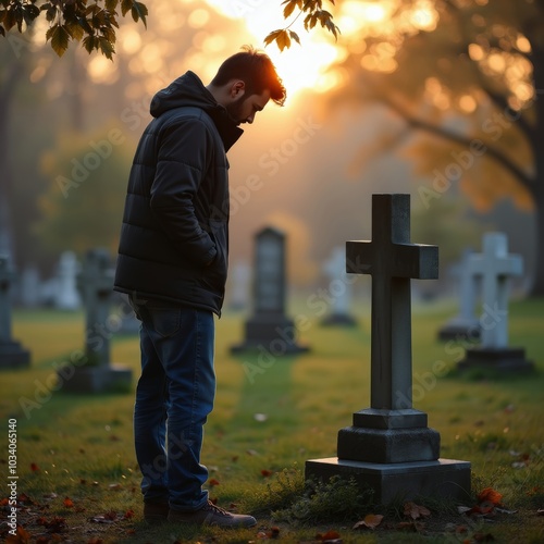 A man stands solemnly by a gravestone in a cemetery, bathed in the warm glow of sunrise, reflecting on memories photo