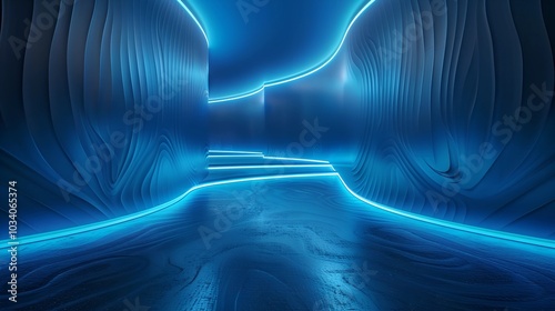 Futuristic Blue LED Lit Corridor with Abstract Walls