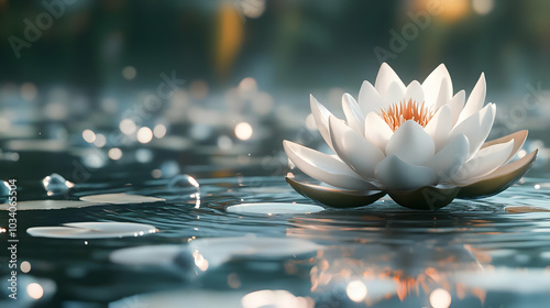 3D Serene White Lotus Close-Up in Bokeh Pond - Delicate Flower Symbolizing Mental Clarity and Peace for Janeiro Branco on Isolated White Background