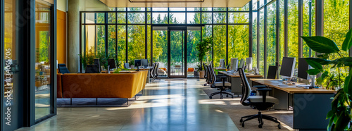 A modern office with glass walls, interior design photography, a large open space.