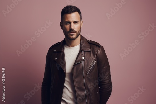 Portrait of a glad man in his 30s sporting a classic leather jacket on pastel or soft colors background