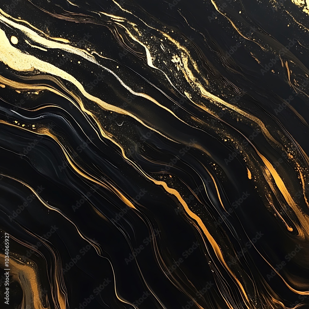 Obraz premium Abstract black fluid art liquid alcohol inks splash background with gold metal glitter