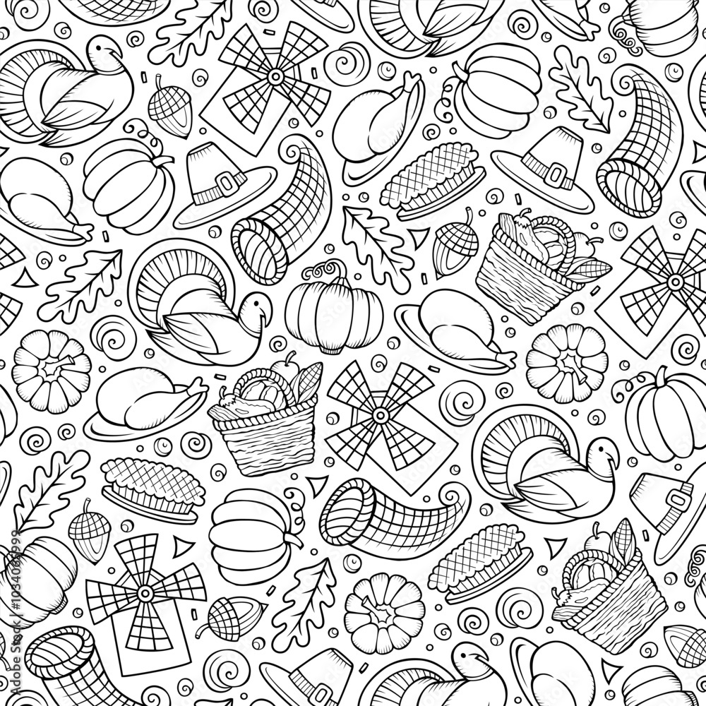 Naklejka premium Cartoon cute hand drawn Thanksgiving seamless pattern.