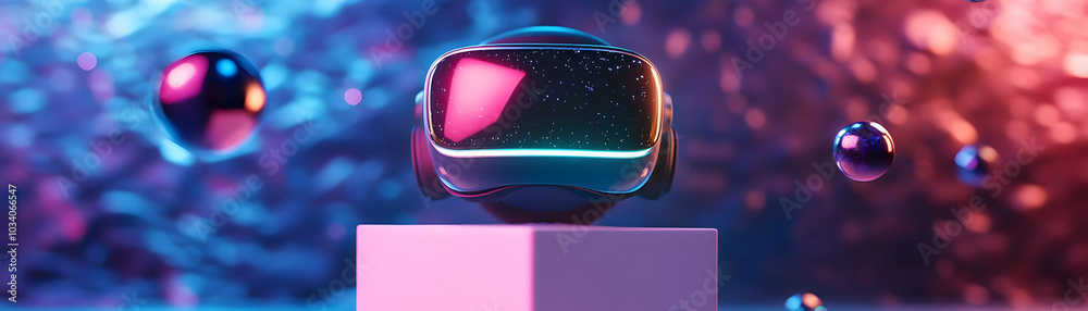 Holographic VR Headset Surrounded by Glowing Floating Game Controls - Immersive Frontier Gaming Technology with Copy Space for Text and Logos Holographic VR Headset Surrounded by Glowing Floating Game Controls - Immersive Frontier Gaming Technology with Copy Space for Text and Logos