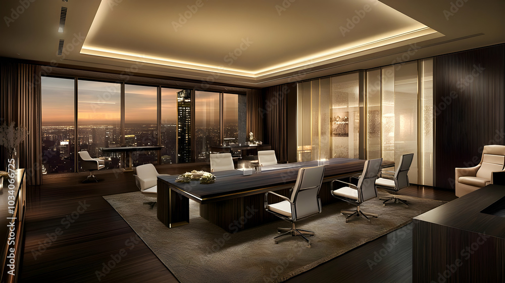 Elegant office space with a city view, featuring modern furniture and ambient lighting. Elegant office space with a city view, featuring modern furniture and ambient lighting.