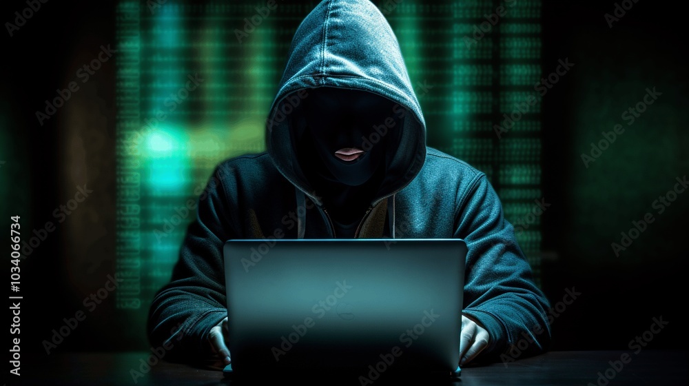 Fototapeta Mysterious Figure in Dark Room Using Laptop