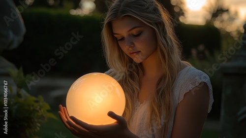 A young woman with long blonde hair holds a glowing orb in her hands, looking down at it with a thoughtful expression. The orb emits a soft, warm light, illuminating her face and the surrounding area. photo