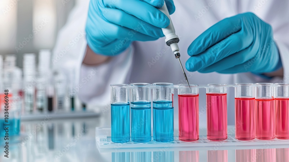 A scientist in gloves injects a solution into test tubes filled with colored liquids, indicating a laboratory experiment or analysis. A scientist in gloves injects a solution into test tubes filled with colored liquids, indicating a laboratory experiment or analysis.