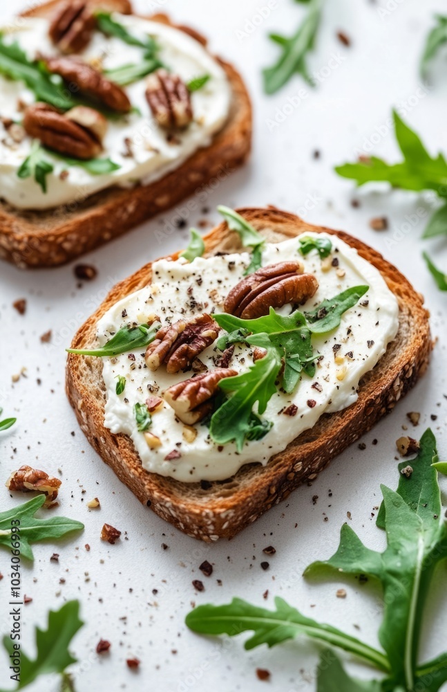 Cream Cheese on Bread with Pecans and Herbs Closeup Cream Cheese on Bread with Pecans and Herbs Closeup