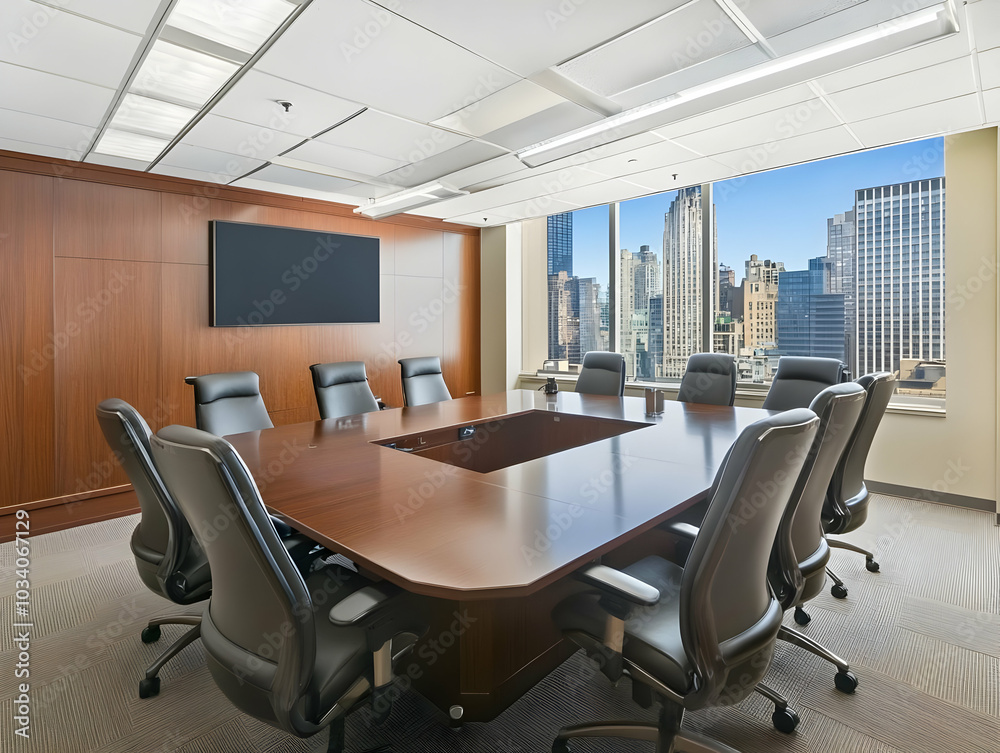 Modern conference room with a large table and city skyline view. Modern conference room with a large table and city skyline view.
